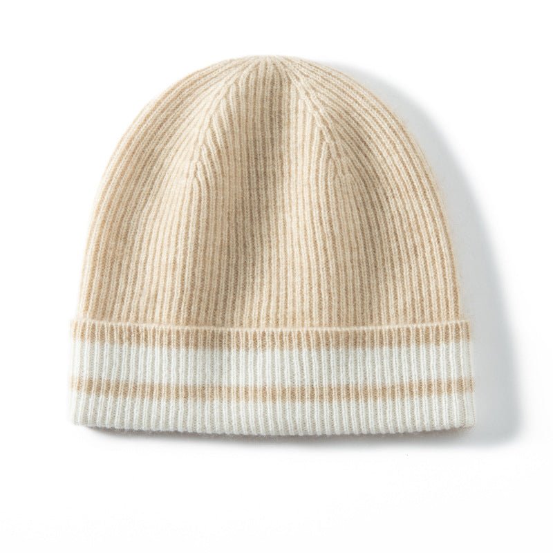 Pure Cashmere Ribbed Beanie Hat With Stripe Thick Cashmere Winter Hat Beige M