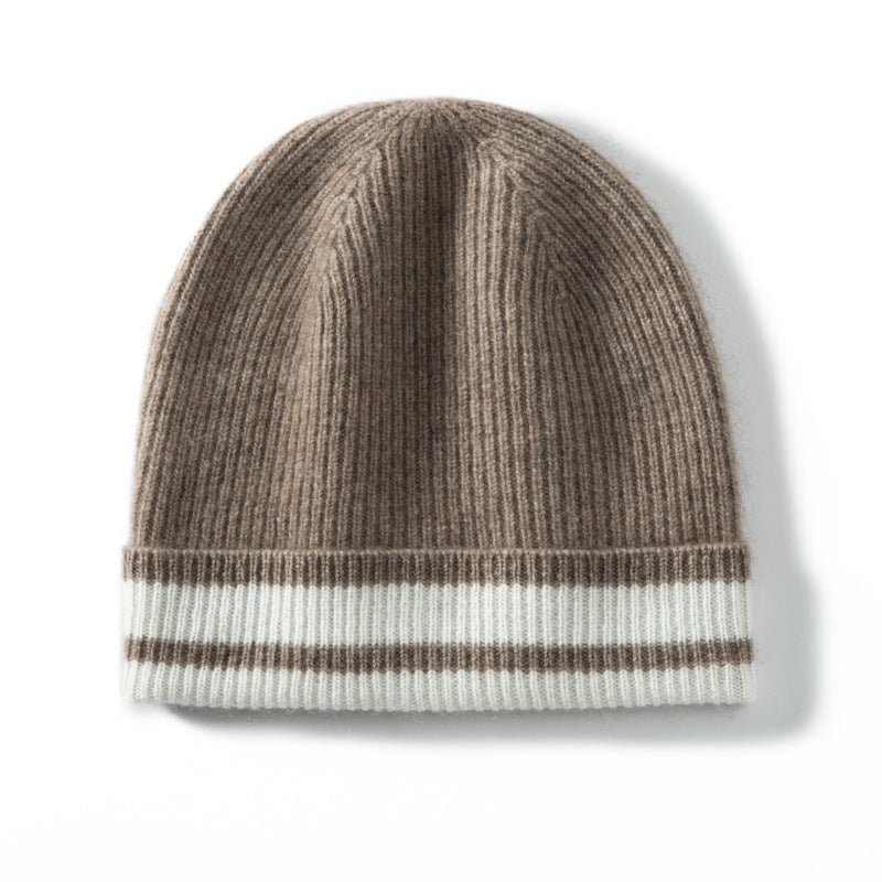 Pure Cashmere Ribbed Beanie Hat With Stripe Thick Cashmere Winter Hat Taupe M