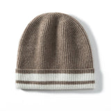 Pure Cashmere Ribbed Beanie Hat With Stripe Thick Cashmere Winter Hat Taupe M