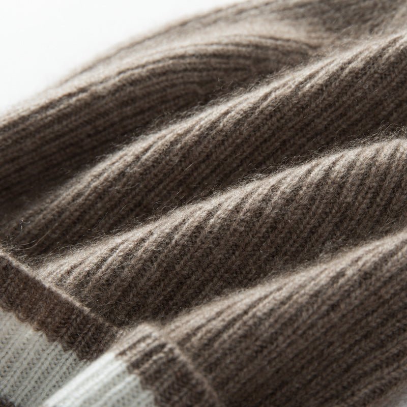 Pure Cashmere Ribbed Beanie Hat With Stripe Thick Cashmere Winter Hat Taupe M
