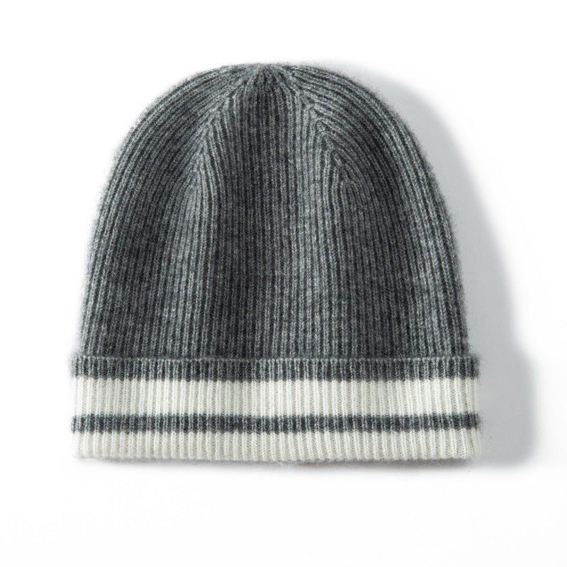 Pure Cashmere Ribbed Beanie Hat With Stripe Thick Cashmere Winter Hat Gray M