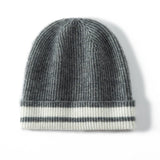 Pure Cashmere Ribbed Beanie Hat With Stripe Thick Cashmere Winter Hat Gray M