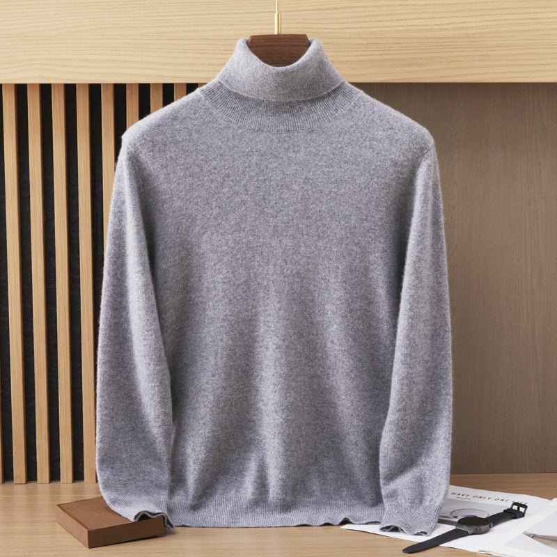 Mens Turtleneck Cashmere Sweater Long Sleeve Ribbed Hem Gray XS