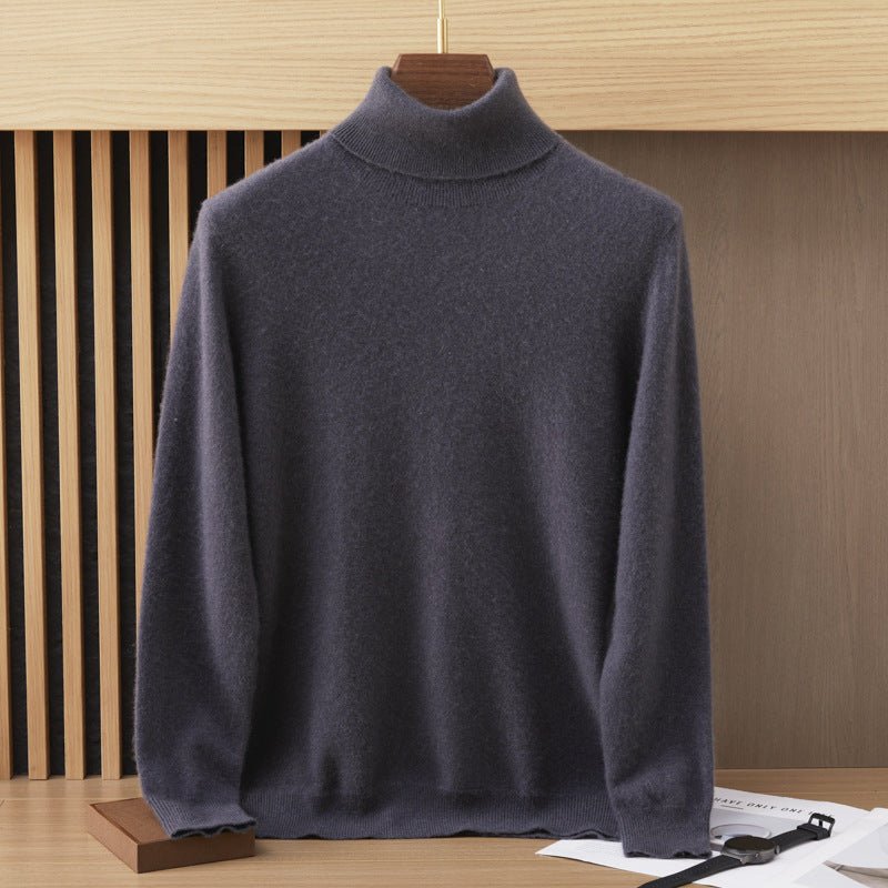 Mens Turtleneck Cashmere Sweater Long Sleeve Ribbed Hem Dark Gray XS