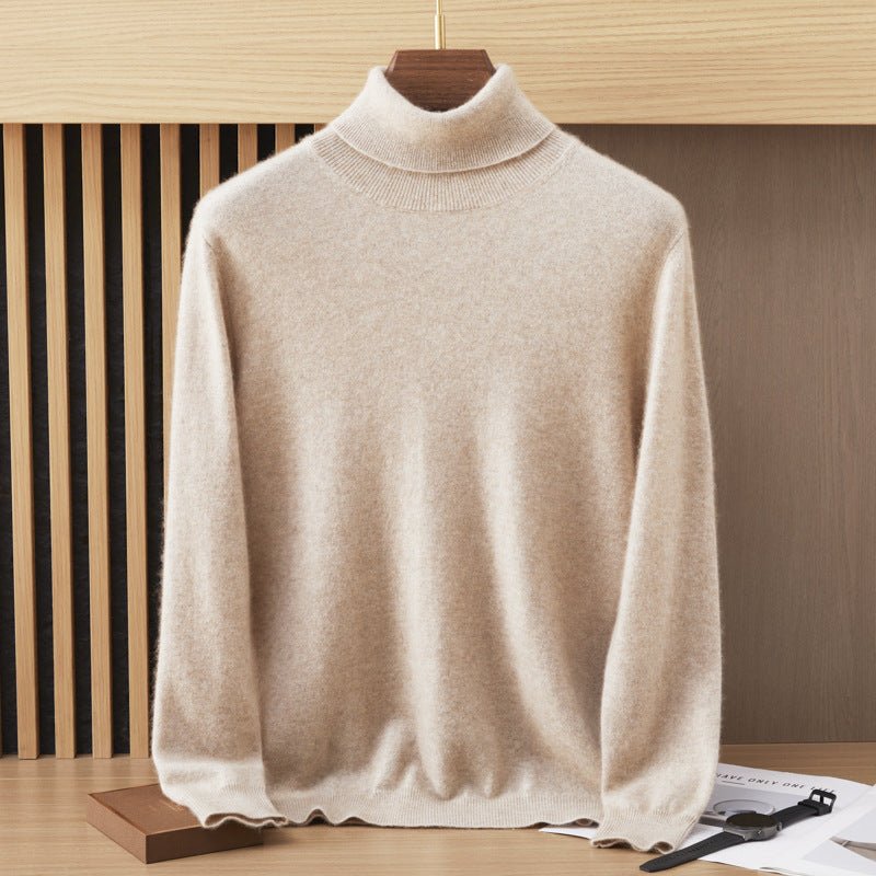 Mens Turtleneck Cashmere Sweater Long Sleeve Ribbed Hem Camel - 2 XS