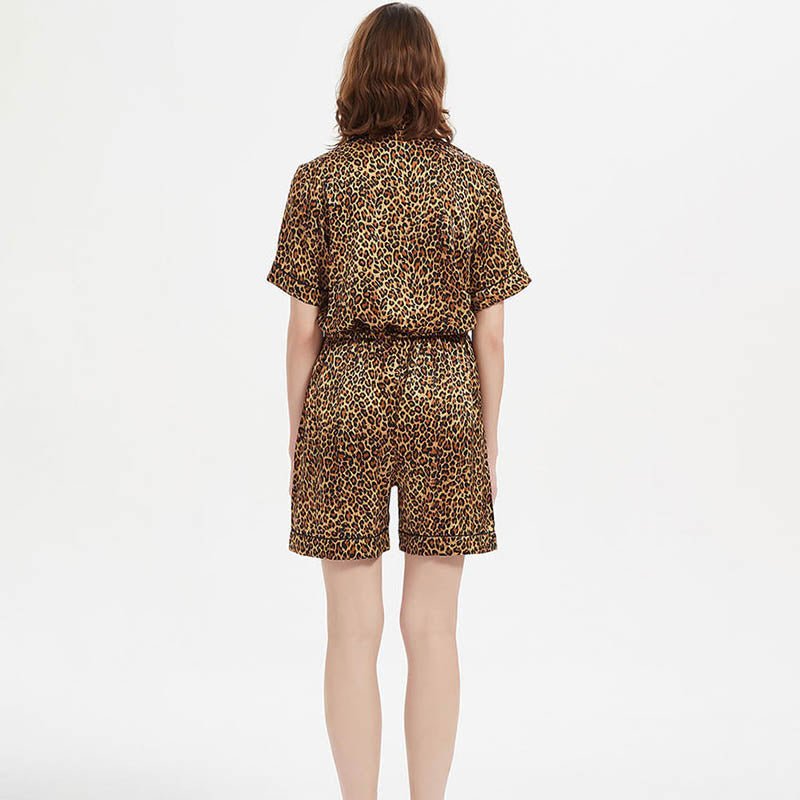 Two - piece Leopard Printed Silk Pajama Shorts Set Leopard Print S