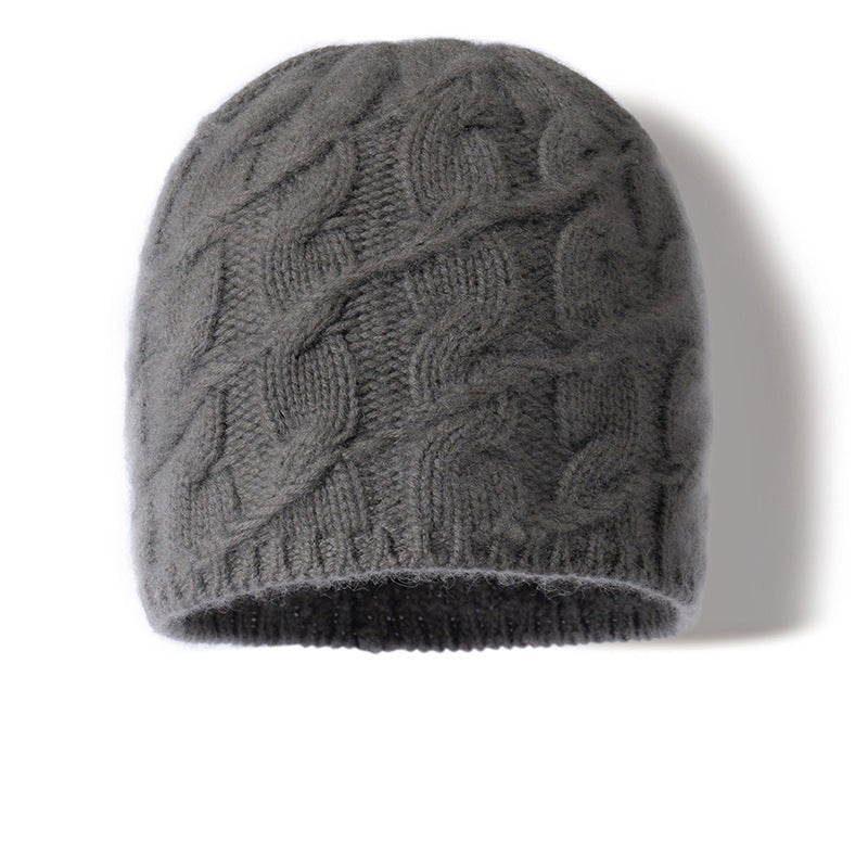 Unisex Cable Knit Cashmere Beanie Chunky Cashmere Hat Ribbed Trim Grey M