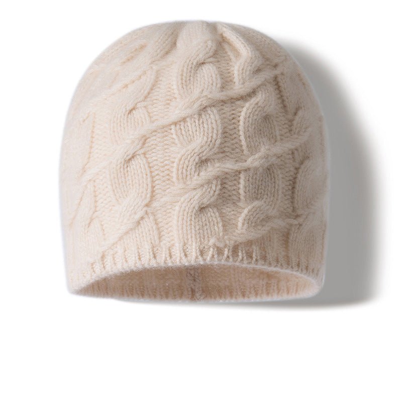 Unisex Cable Knit Cashmere Beanie Chunky Cashmere Hat Ribbed Trim Beige M
