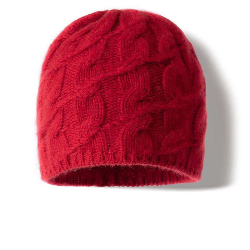 Unisex Cable Knit Cashmere Beanie Chunky Cashmere Hat Ribbed Trim Claret M