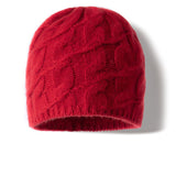 Unisex Cable Knit Cashmere Beanie Chunky Cashmere Hat Ribbed Trim Claret M