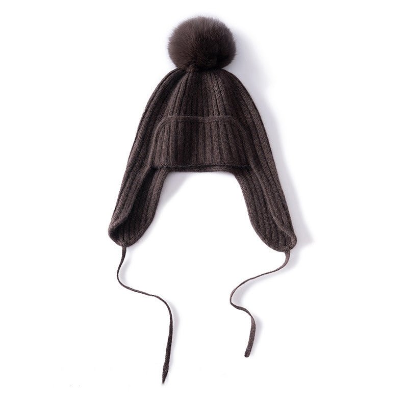 Unisex Cashmere Earflap Hat with Pom - Pom Cashmere Beanie with Tie Coffee M