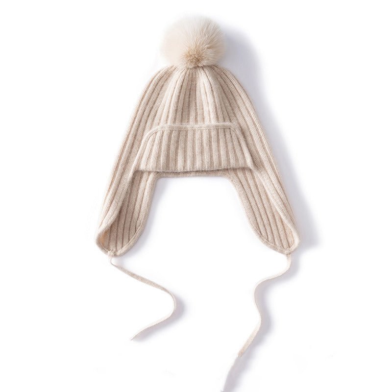 Unisex Cashmere Earflap Hat with Pom - Pom Cashmere Beanie with Tie Beige M