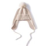 Unisex Cashmere Earflap Hat with Pom - Pom Cashmere Beanie with Tie Beige M