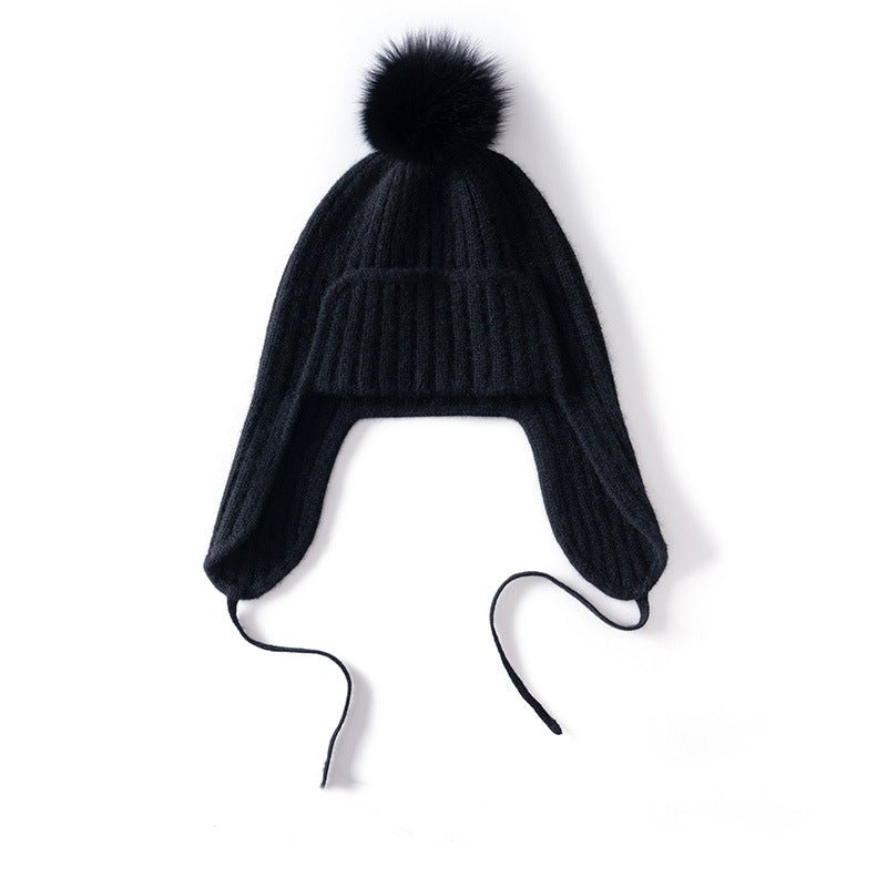 Unisex Cashmere Earflap Hat with Pom - Pom Cashmere Beanie with Tie Black M
