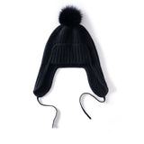 Unisex Cashmere Earflap Hat with Pom - Pom Cashmere Beanie with Tie Black M