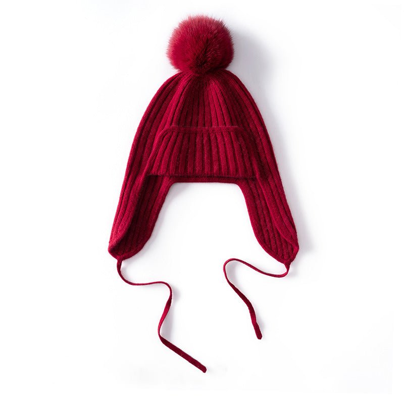 Unisex Cashmere Earflap Hat with Pom - Pom Cashmere Beanie with Tie Claret M