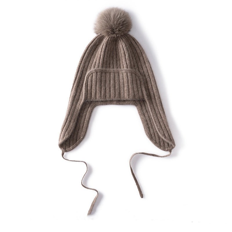 Unisex Cashmere Earflap Hat with Pom - Pom Cashmere Beanie with Tie Taupe M