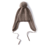 Unisex Cashmere Earflap Hat with Pom - Pom Cashmere Beanie with Tie Taupe M