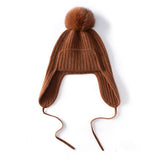 Unisex Cashmere Earflap Hat with Pom - Pom Cashmere Beanie with Tie Camel M