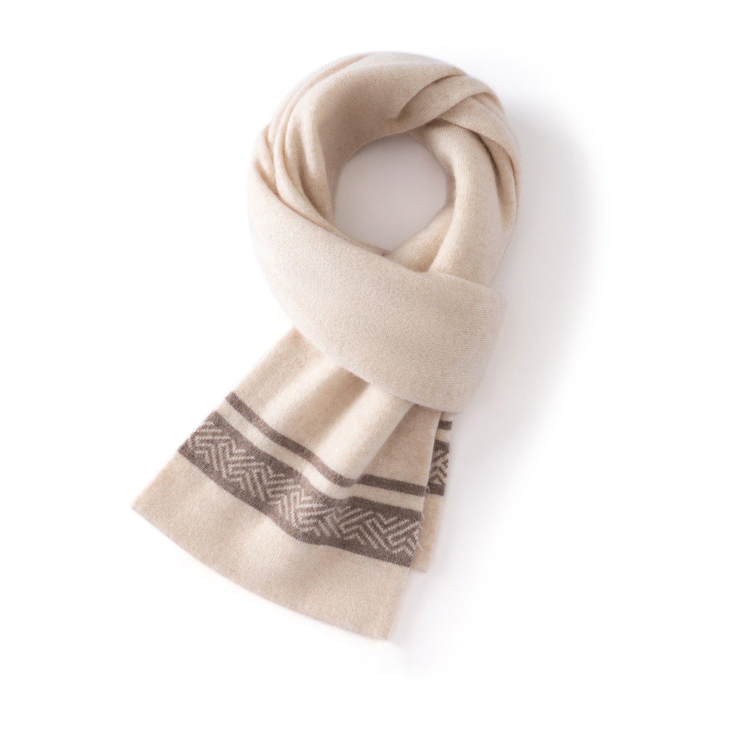 Unisex Cashmere Scarf with Contrast Woven Soft Knitted Cashmere Wrap Beige M