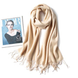 Unisex Cashmere Scarf With Fringed Edges Wrap Scarf With Tassel Beige L