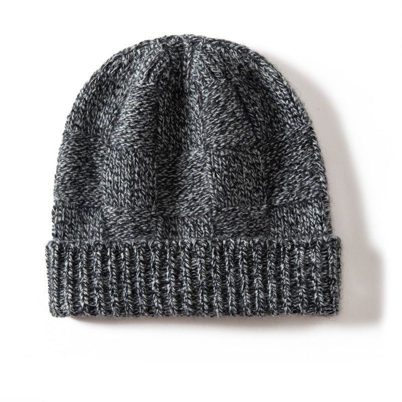 Unisex Checkered Cashmere Beanie Ribbed Brim Cashmere Knit Hat Black Grey M