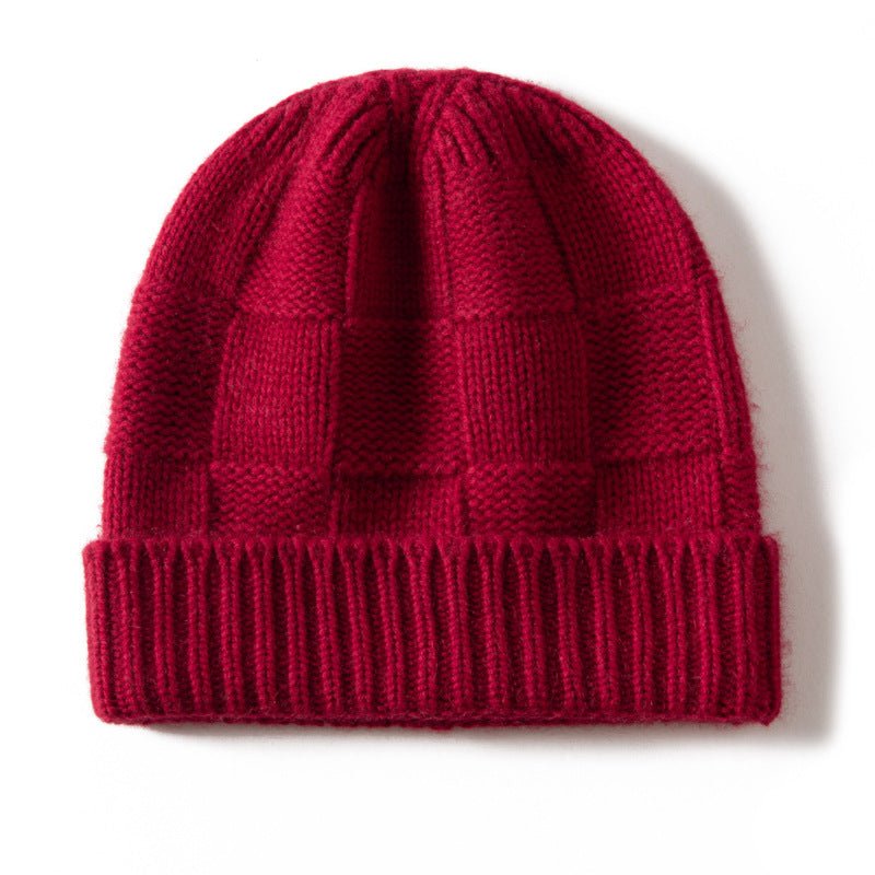 Unisex Checkered Cashmere Beanie Ribbed Brim Cashmere Knit Hat Claret M