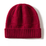 Unisex Checkered Cashmere Beanie Ribbed Brim Cashmere Knit Hat Claret M