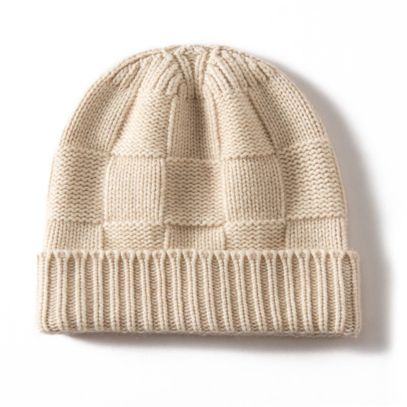 Unisex Checkered Cashmere Beanie Ribbed Brim Cashmere Knit Hat Beige M