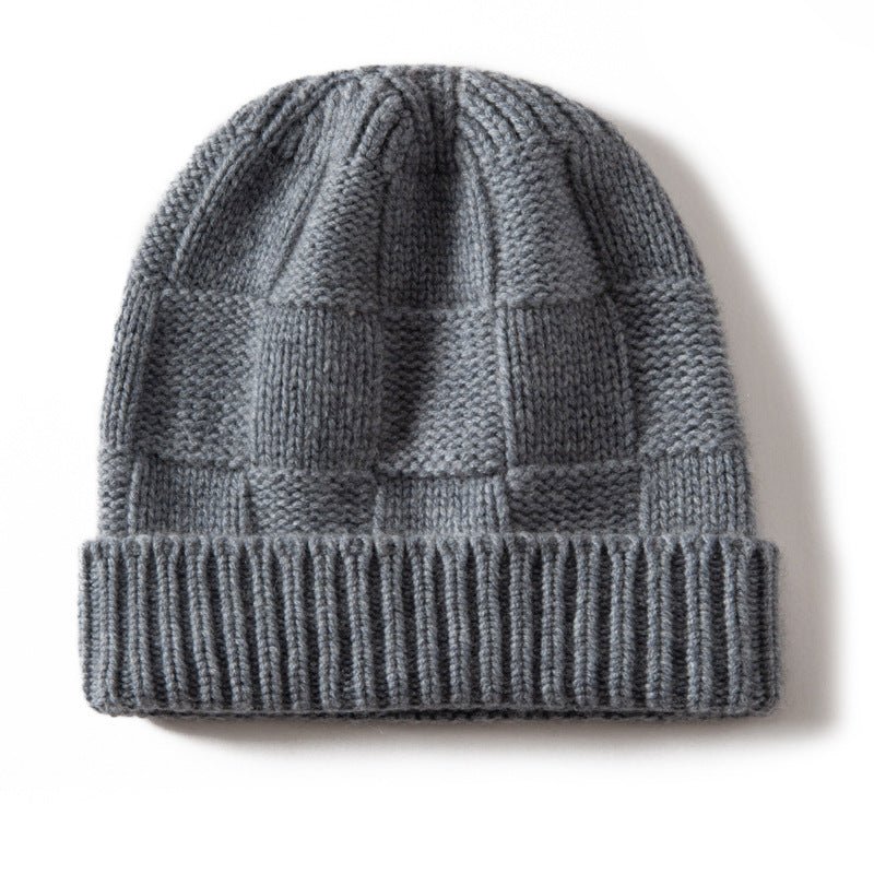 Unisex Checkered Cashmere Beanie Ribbed Brim Cashmere Knit Hat Grey M