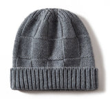 Unisex Checkered Cashmere Beanie Ribbed Brim Cashmere Knit Hat Grey M