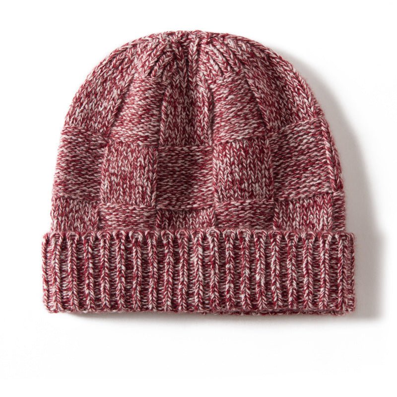 Unisex Checkered Cashmere Beanie Ribbed Brim Cashmere Knit Hat Red M