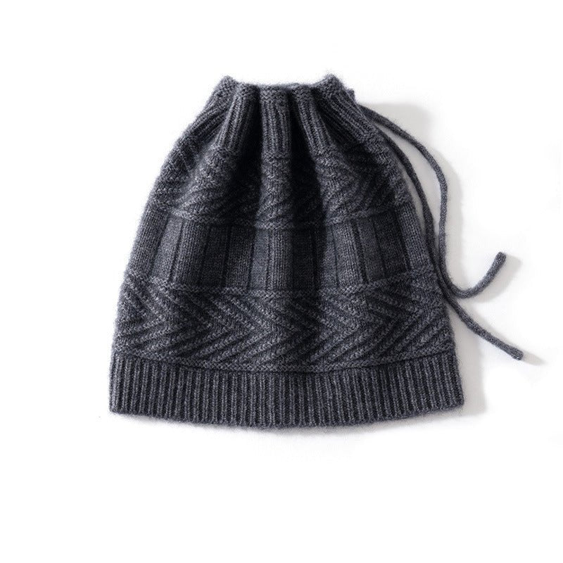 Unisex Drawstring Cashmere Knit Hat Versatile Cashmere Beanie Grey M