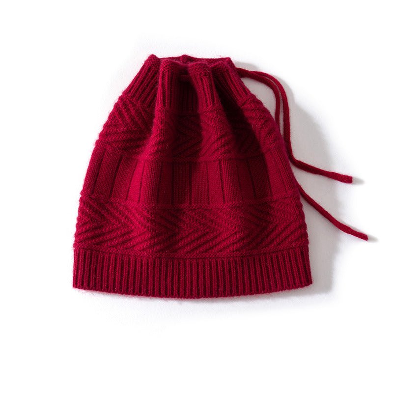 Unisex Drawstring Cashmere Knit Hat Versatile Cashmere Beanie Claret M
