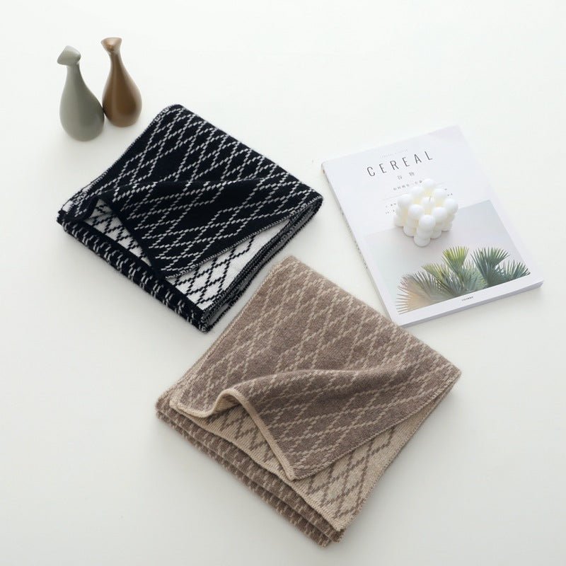 Unisex Geometric Diamond Knit Cashmere Scarf Long Cashmere Warp Taupe M