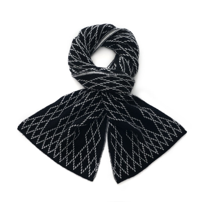 Unisex Geometric Diamond Knit Cashmere Scarf Long Cashmere Warp Black M