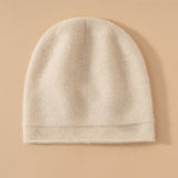 Unisex Pure Cashmere Knit Cap Cashmere Beanie Hat Curl Edge Beige M
