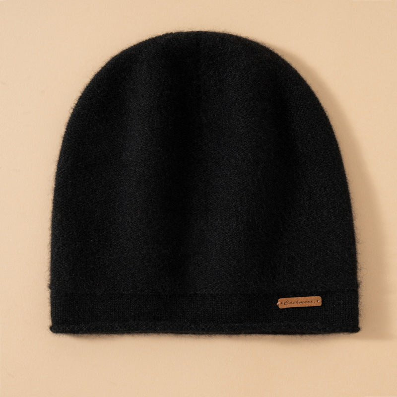 Unisex Pure Cashmere Knit Cap Cashmere Beanie Hat Curl Edge Black M