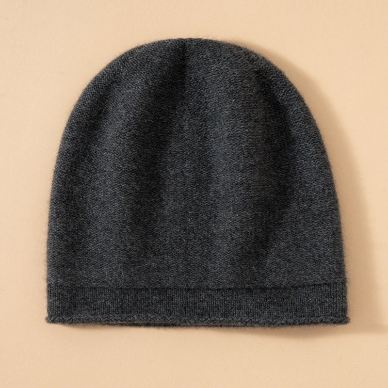 Unisex Pure Cashmere Knit Cap Cashmere Beanie Hat Curl Edge Dark Grey M