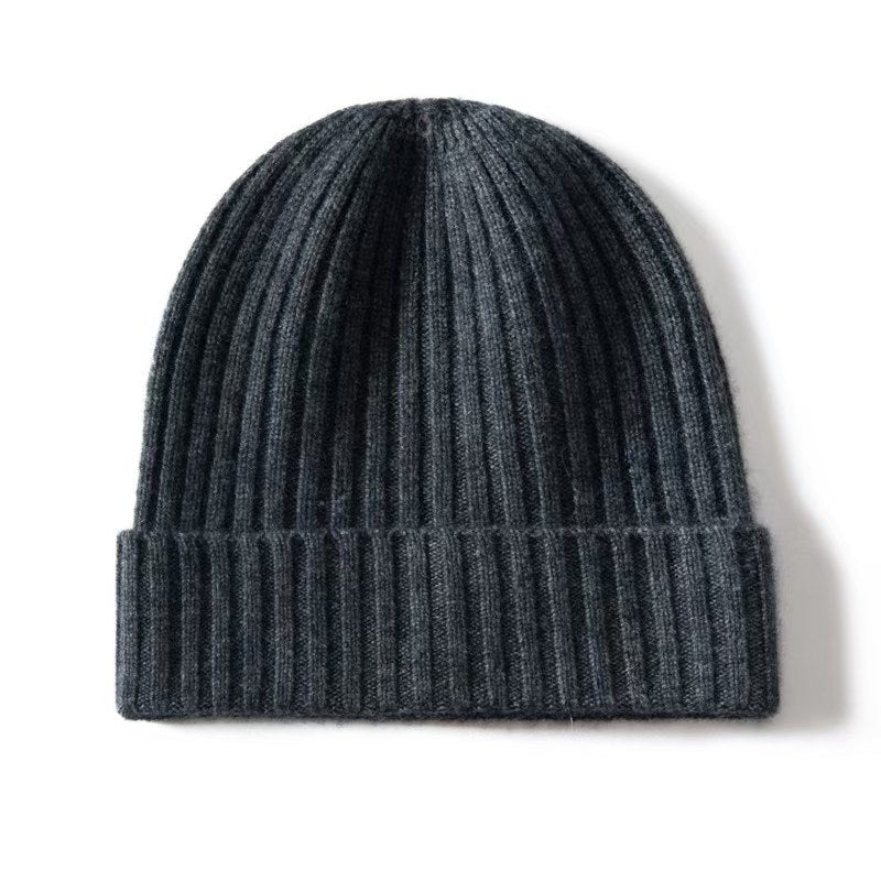 Unisex Ribbed Knit Cashmere Hats Warm Deep Cashmere Beanie Black Gray M