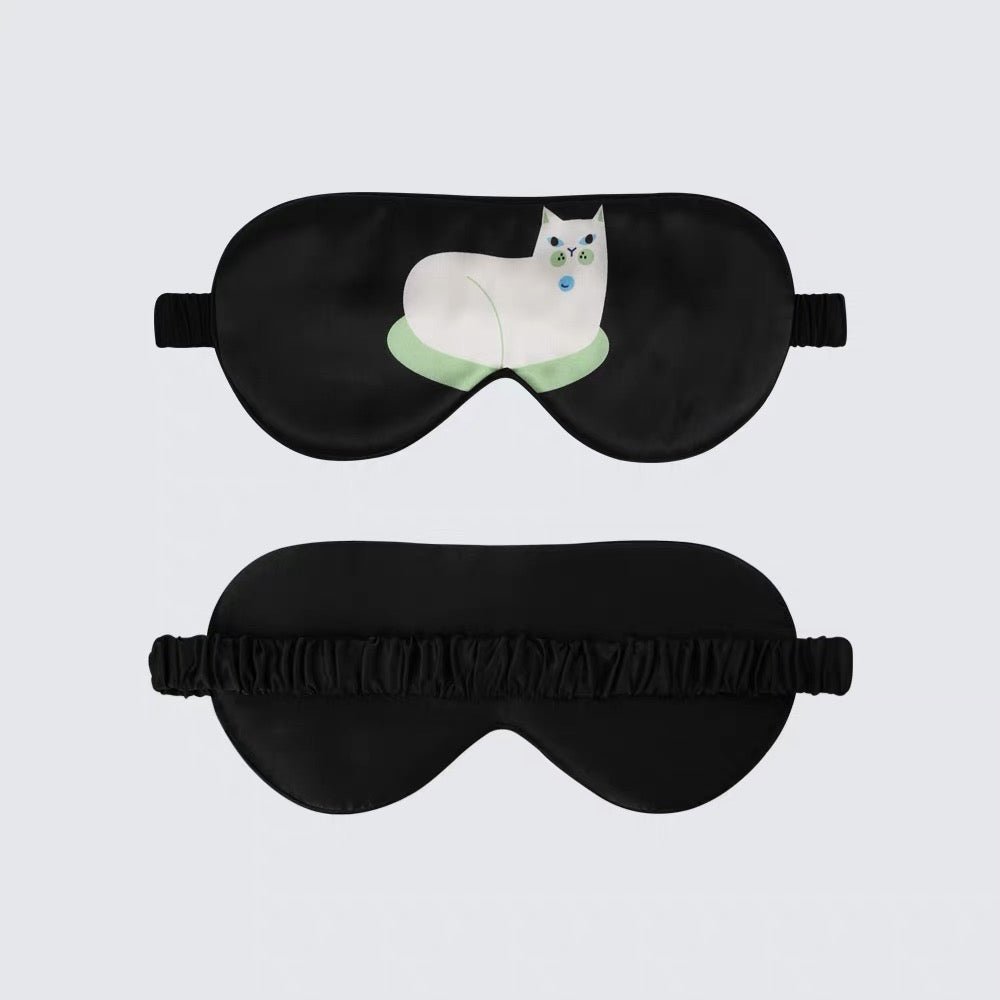 Unisex Silk Eye Mask with Cat Illustration Double Sided Silk Sleep Mask Black M