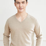 Mens V Neck Cashmere Sweater Long Sleeve Warm Knit Pullover Ribbed Hem Beige XS