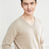 Mens V Neck Cashmere Sweater Long Sleeve Warm Knit Pullover Ribbed Hem Beige XS
