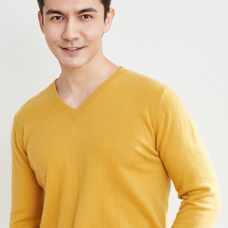 Mens V Neck Cashmere Sweater Long Sleeve Warm Knit Pullover Ribbed Hem Yellow XS