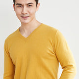Mens V Neck Cashmere Sweater Long Sleeve Warm Knit Pullover Ribbed Hem Yellow XS