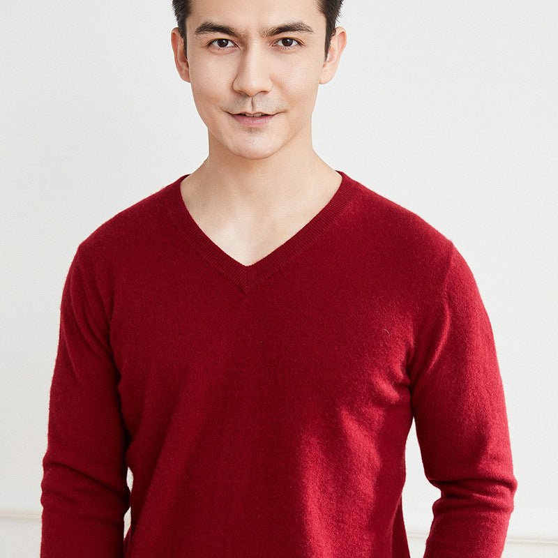 Mens V Neck Cashmere Sweater Long Sleeve Warm Knit Pullover Ribbed Hem Red XS
