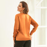 V Neck & Ribbon Silk Blouse For Women Long Sleeves Silk Shirt Orange XS