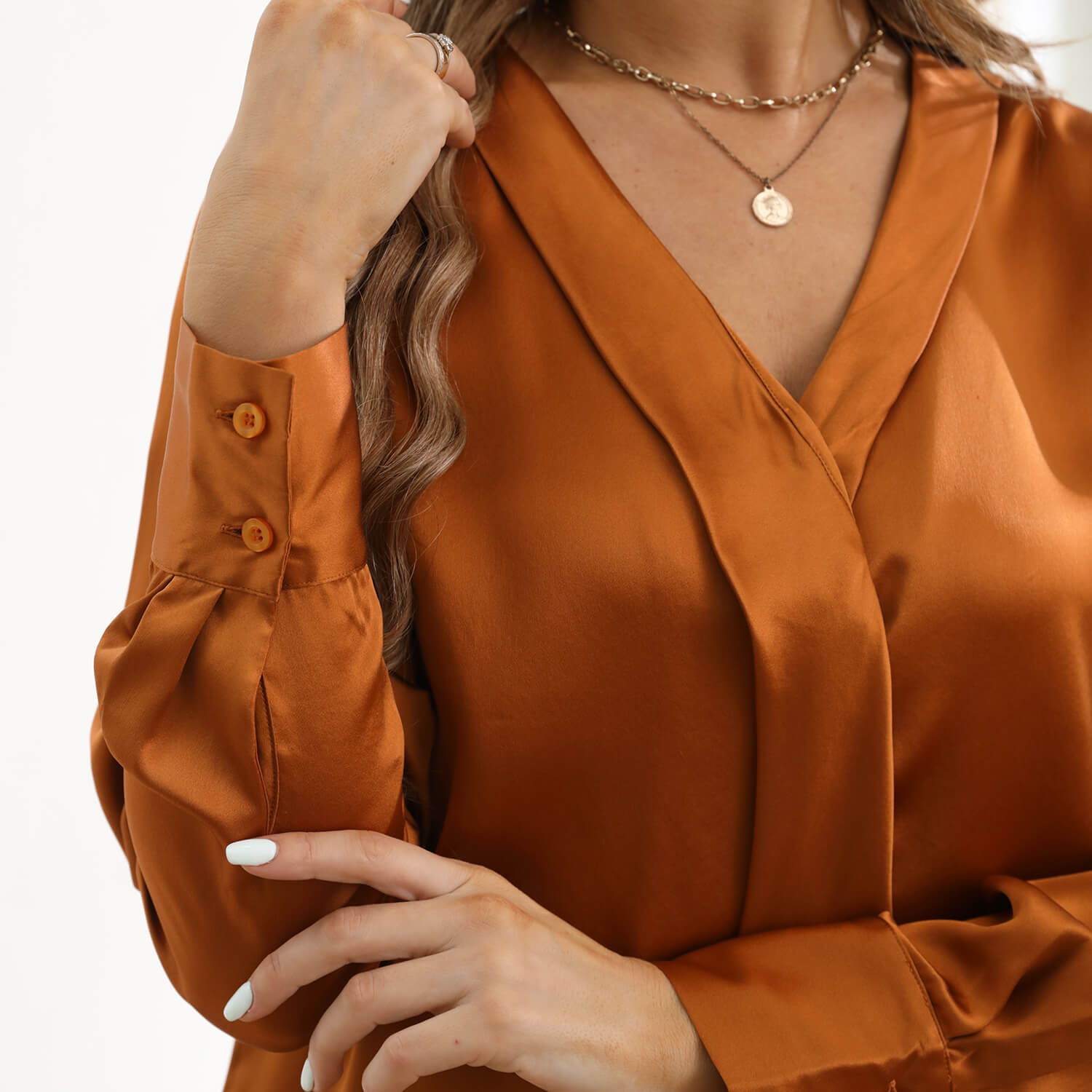 V Neck & Ribbon Silk Blouse For Women Long Sleeves Silk Shirt Orange XS