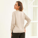 V Neck & Ribbon Silk Blouse For Women Long Sleeves Silk Shirt Beige XS