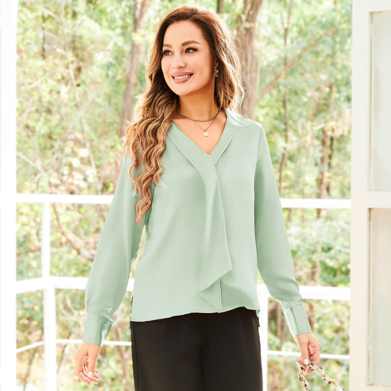 V Neck & Ribbon Silk Blouse For Women Long Sleeves Silk Shirt Light Green XS